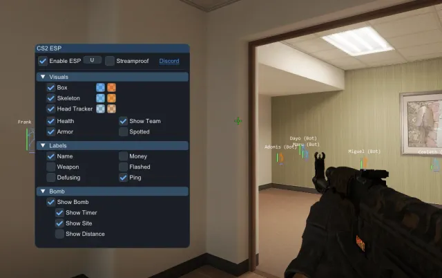 CS2 ESP player overlay menu with configurable visual settings